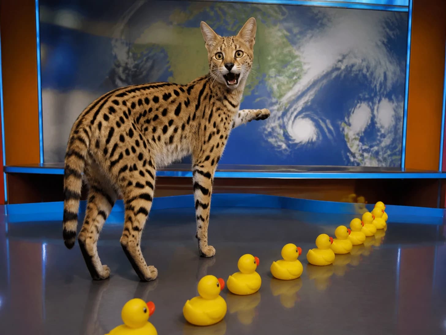 Cobweb II was promoted to weather forecaster surprised by its own forecast; unfortunately, a parade of rubber ducks heads the wrong way.