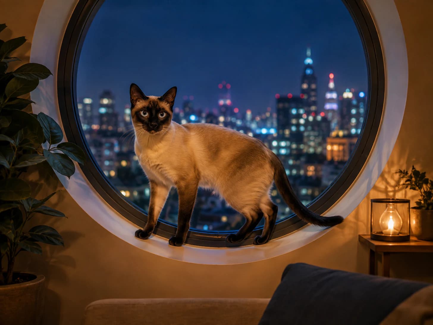 Ling takes the round window at dusk and watches the city come on.