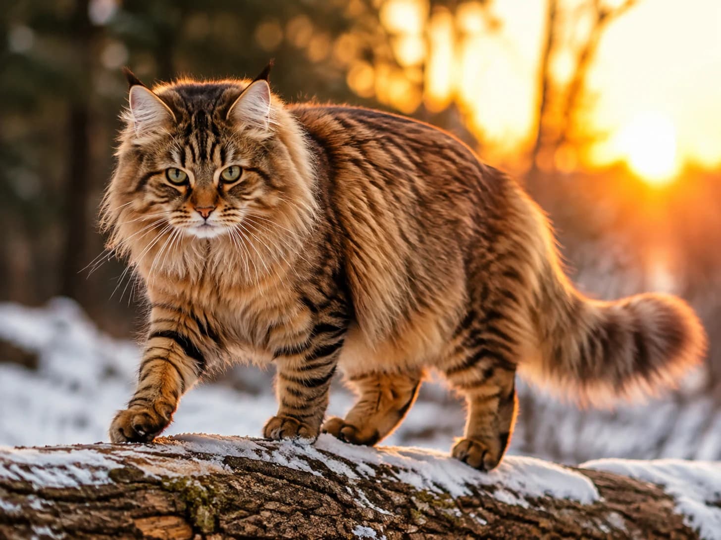 Tundra walks the log at sunset, and the coat does all of that on its own.