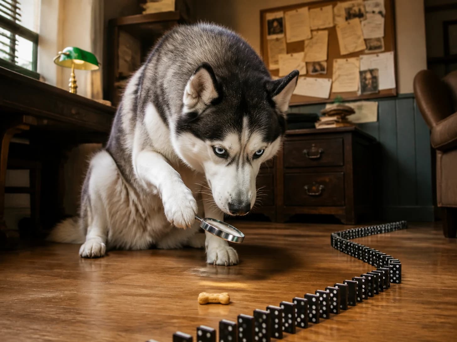 Otter II was promoted to detective examining one suspicious biscuit; unfortunately, a domino line stops one piece before the finish.
