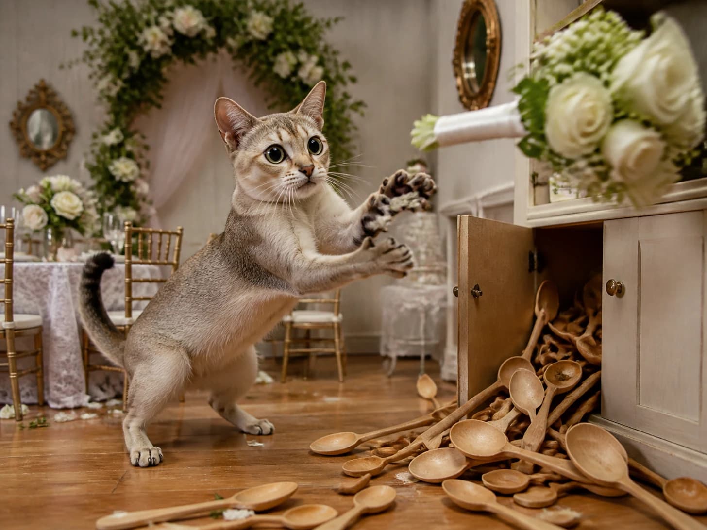 Waffles II was promoted to wedding planner facing a runaway bouquet; unfortunately, a heap of wooden spoons spills from a cupboard.