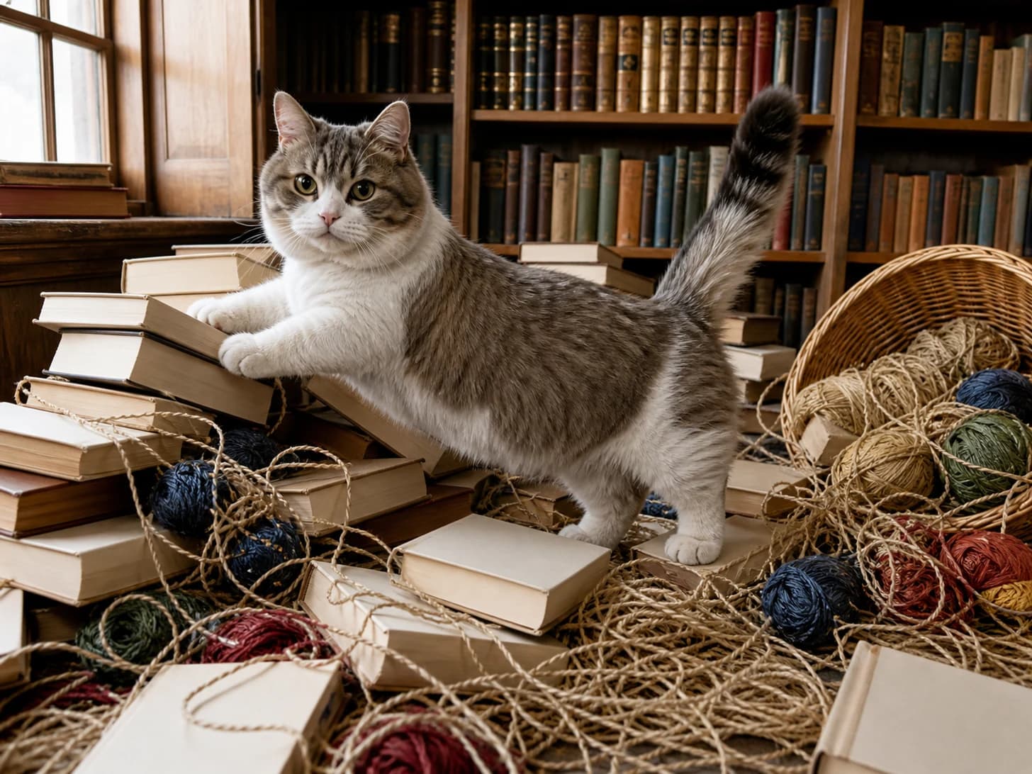 Sprout was promoted to librarian managing an avalanche of blank books; unfortunately, a basket of yarn unravels around everything.