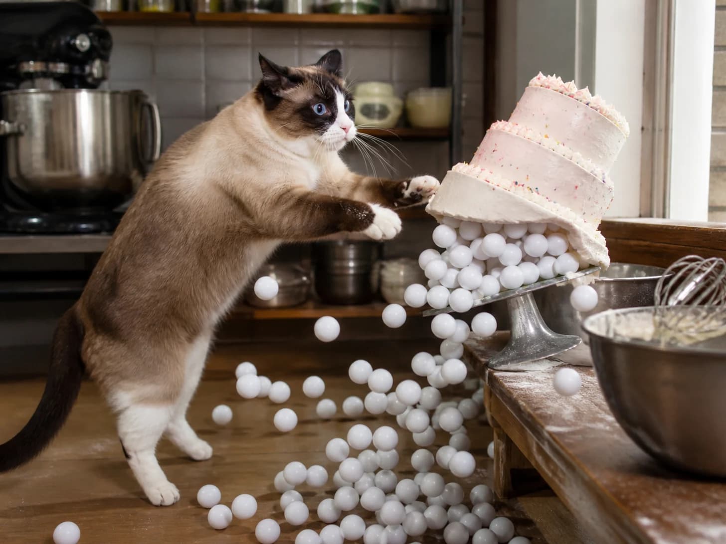 Cinnamon II was promoted to pastry chef confronting a leaning cake; unfortunately, dozens of ping-pong balls escape at once.