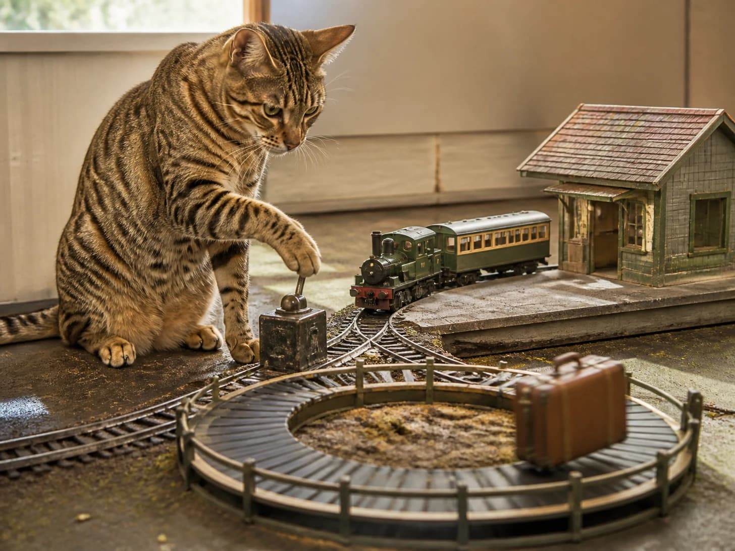 Cricket II was promoted to train dispatcher handling one tiny late train; unfortunately, one toy suitcase circles endlessly.