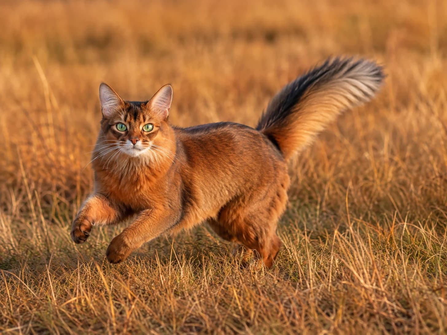 Sienna runs the long grass at golden hour with that tail up the entire way.