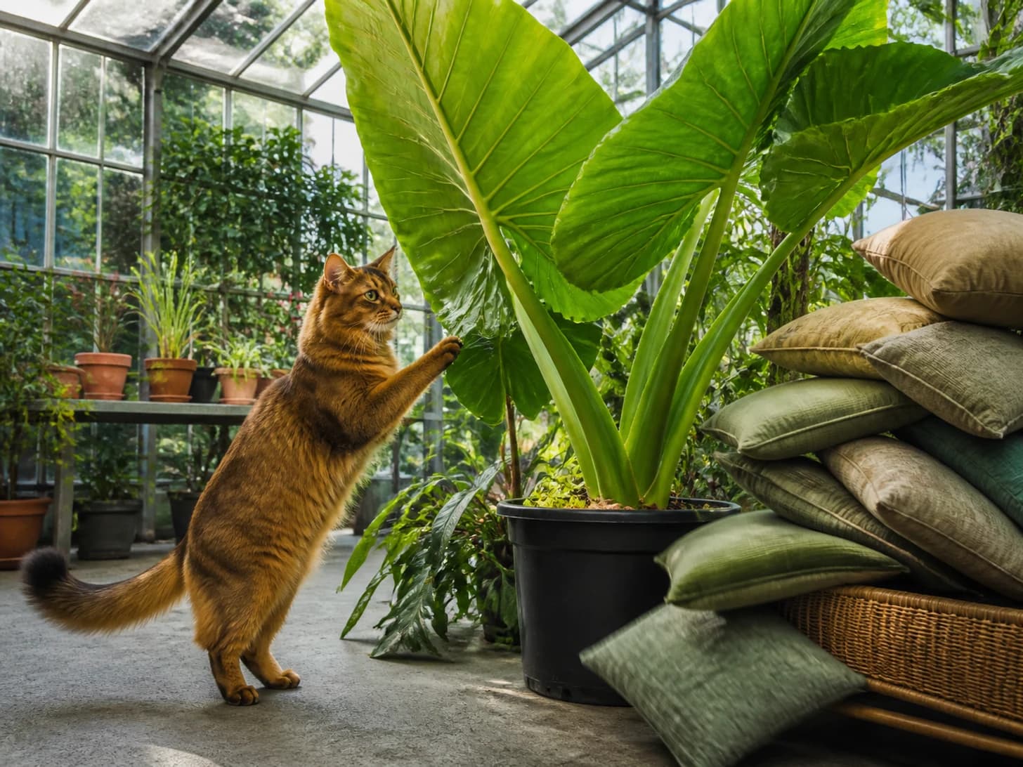 Maple IV was promoted to botanist studying an absurdly large houseplant; unfortunately, a pile of cushions slowly topples.