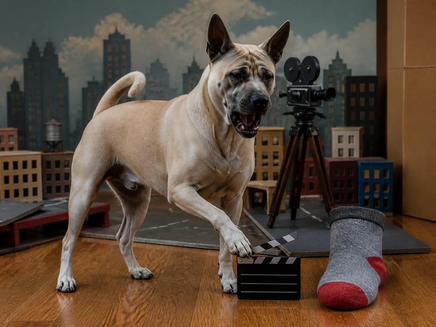 Waffles III was promoted to film director frustrated with a toy clapperboard; unfortunately, a single enormous sock appears without explanation.