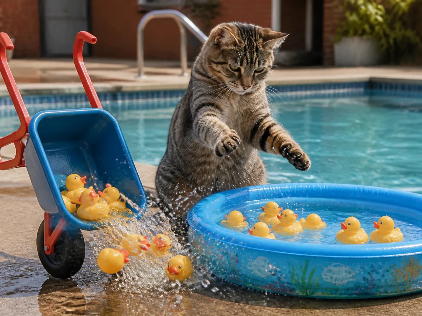 Bramble was promoted to lifeguard supervising a paddling pool for rubber ducks; unfortunately, a toy wheelbarrow tips at the worst moment.