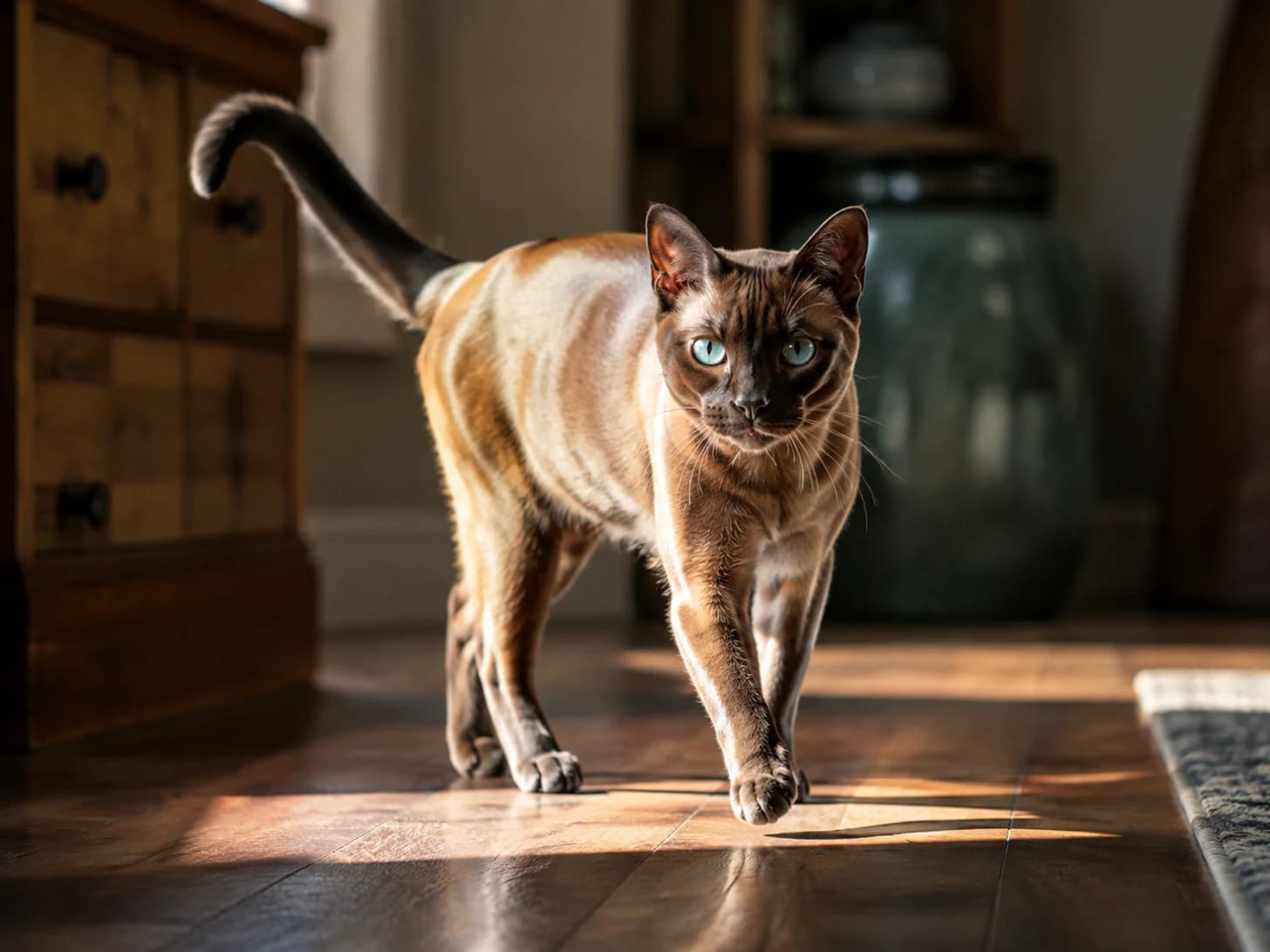 Kai walks the sunbeam from one end of the hall to the other, twice a day.