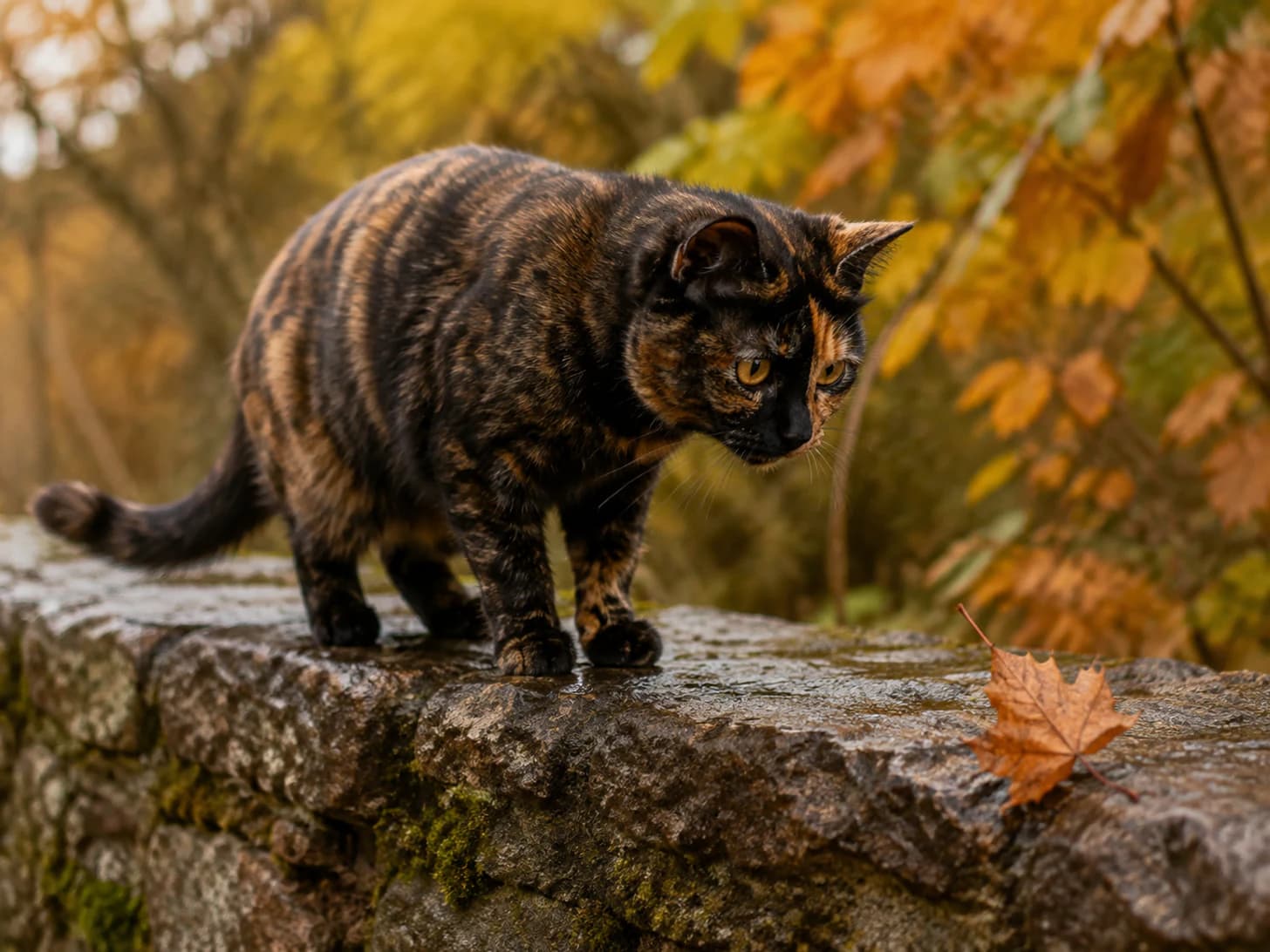 Autumn watched that leaf all the way down and is now deciding what to do about it.