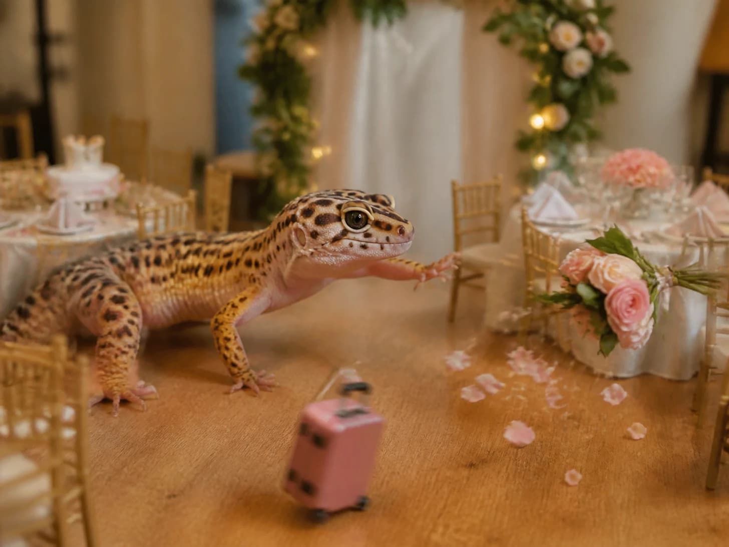 Radish VII was promoted to wedding planner facing a runaway bouquet; unfortunately, one toy suitcase circles endlessly.