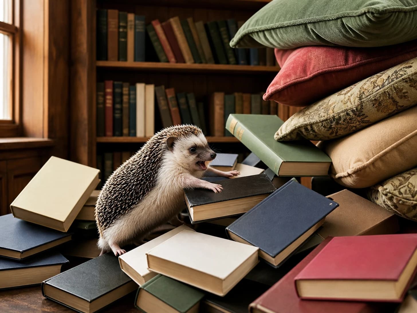 Saffron 12 was promoted to librarian managing an avalanche of blank books; unfortunately, a pile of cushions slowly topples.