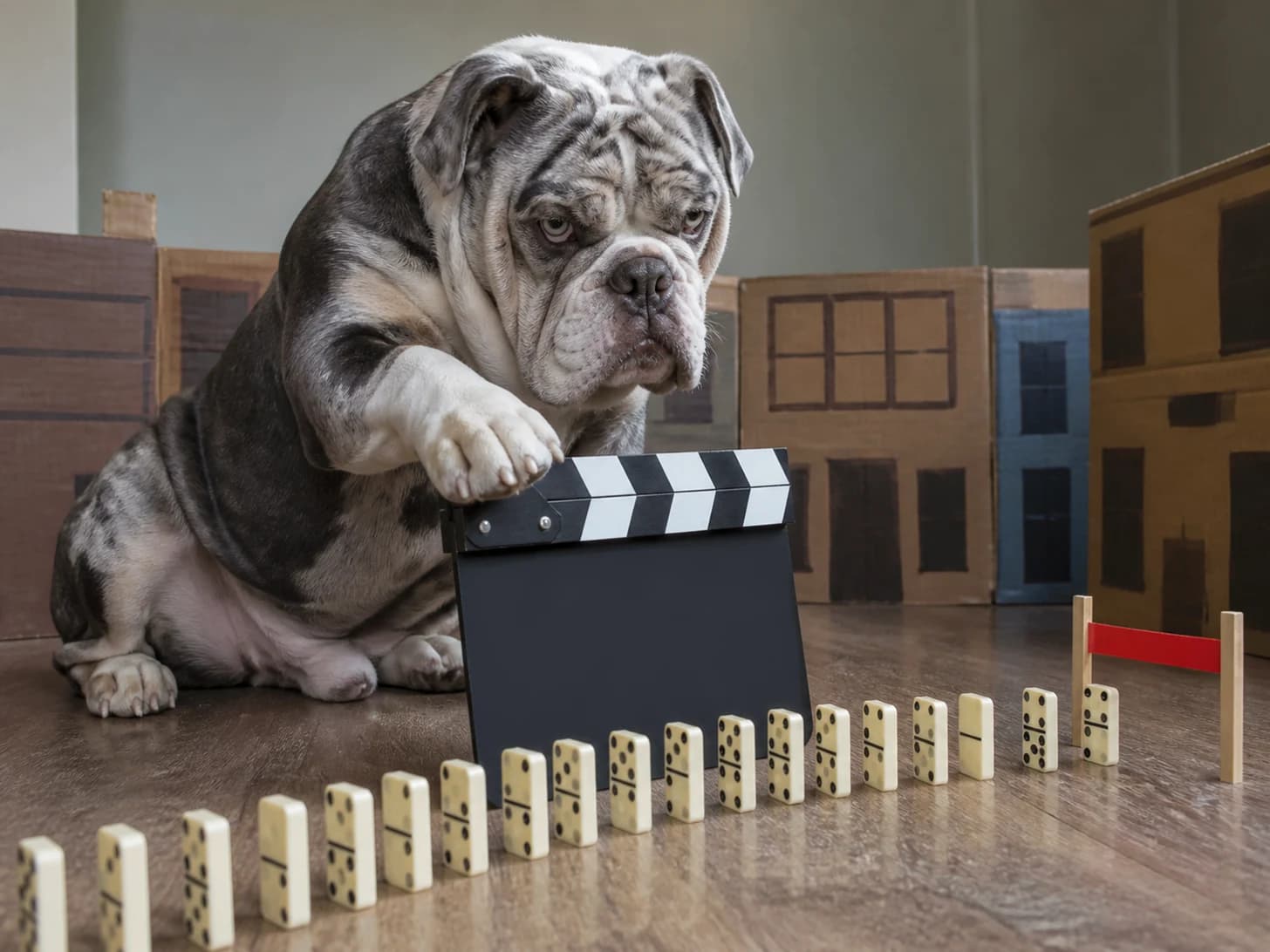 Cricket III was promoted to film director frustrated with a toy clapperboard; unfortunately, a domino line stops one piece before the finish.