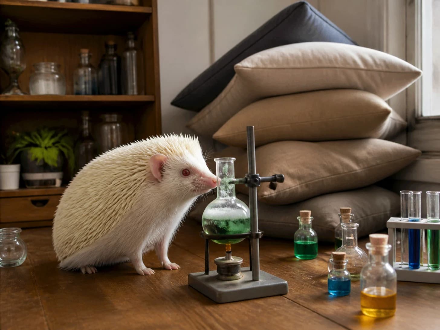 Kipper IX was promoted to scientist monitoring a bubbling but harmless experiment; unfortunately, a pile of cushions slowly topples.
