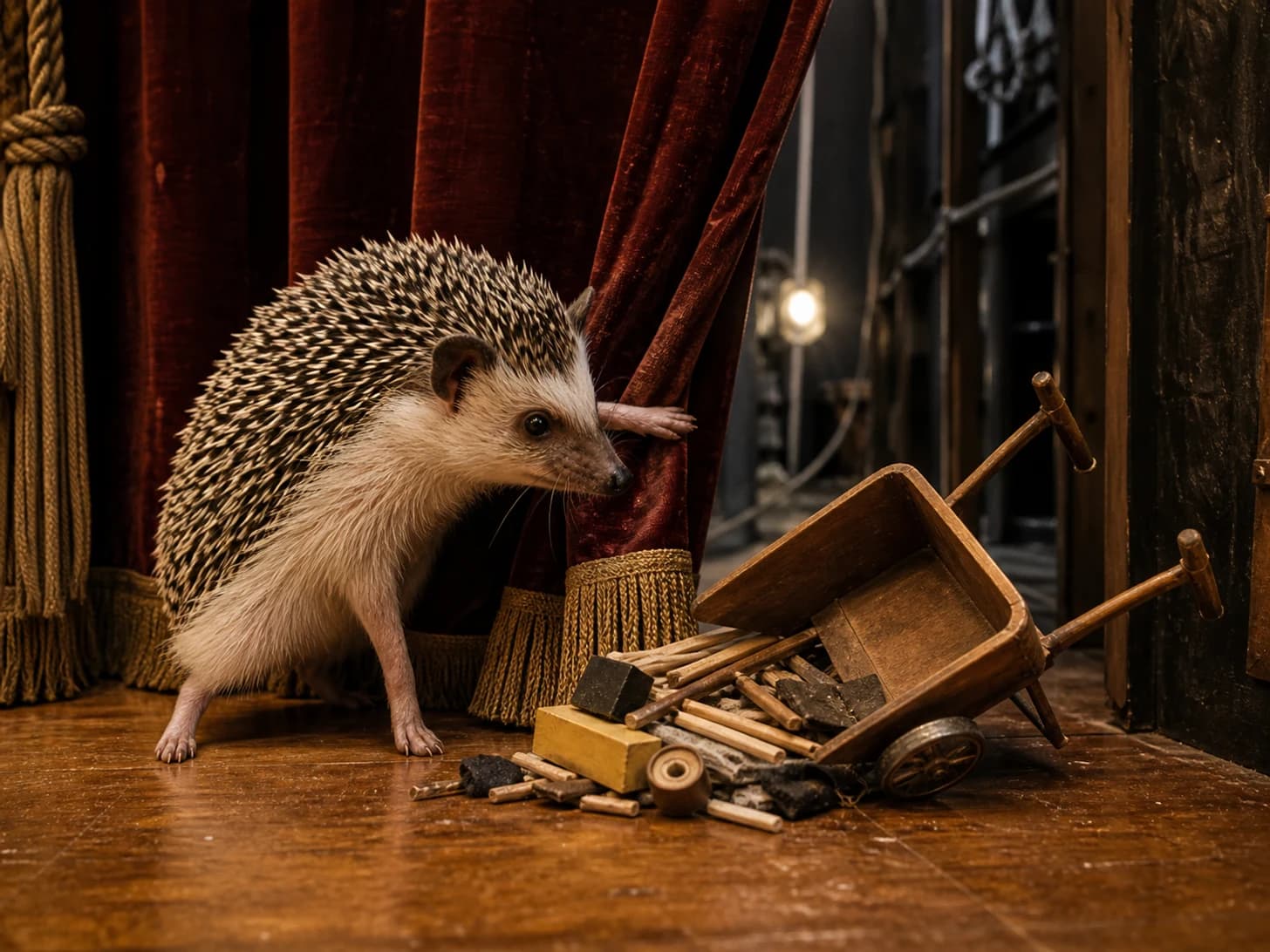 Tarragon VI was promoted to stage manager during a curtain emergency; unfortunately, a toy wheelbarrow tips at the worst moment.
