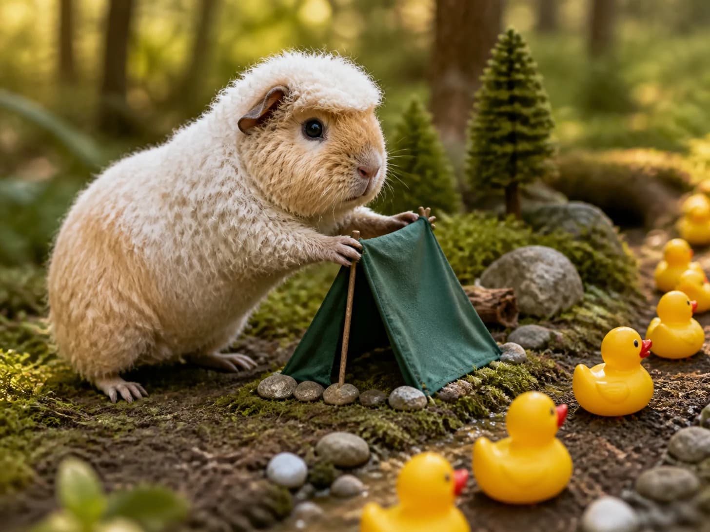 Nutmeg 12 was promoted to camping guide assembling a tent much too small; unfortunately, a parade of rubber ducks heads the wrong way.