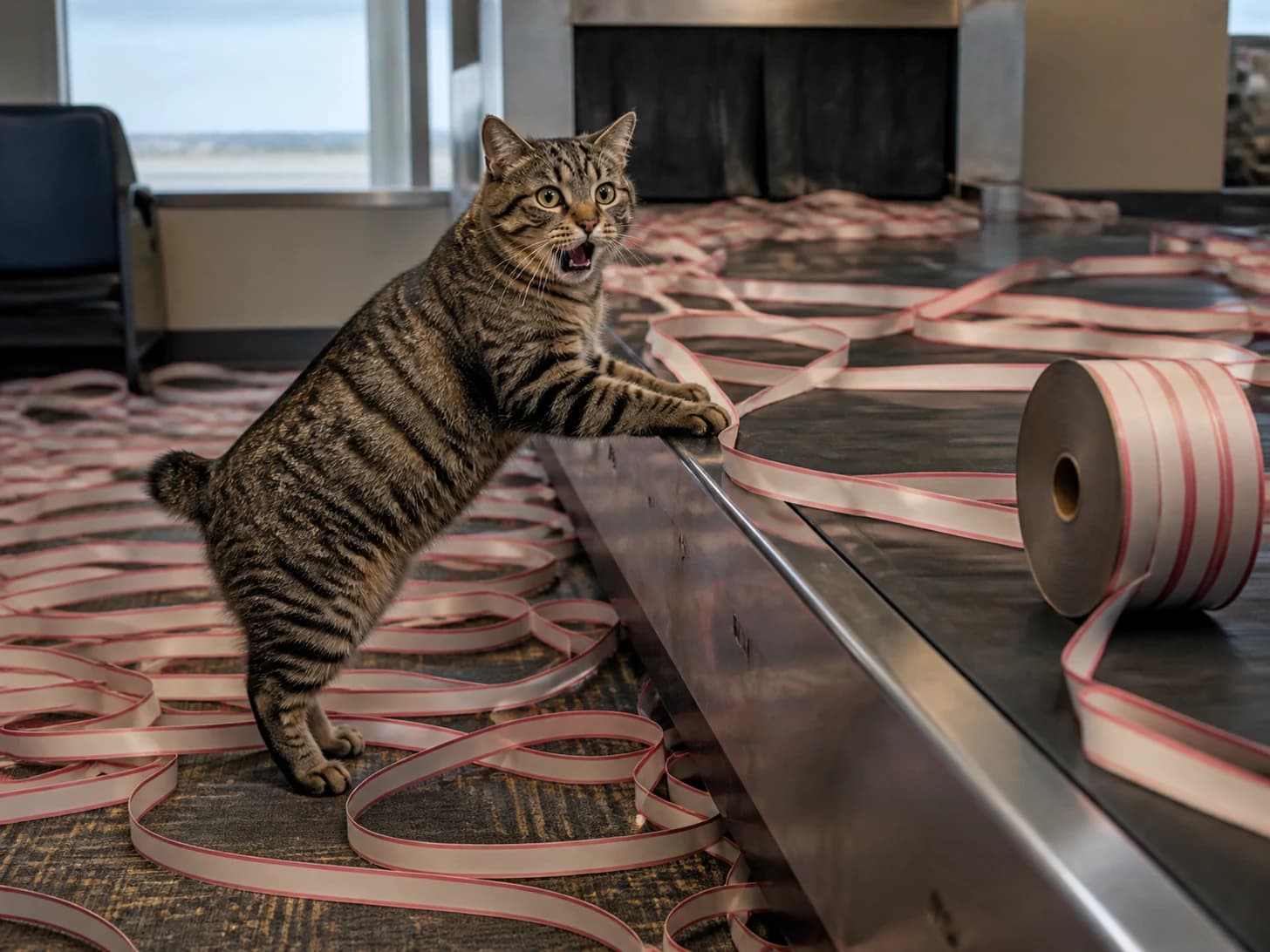 Nectarine VII was promoted to overwhelmed airport baggage manager; unfortunately, a ribbon spool rolls across the entire set.