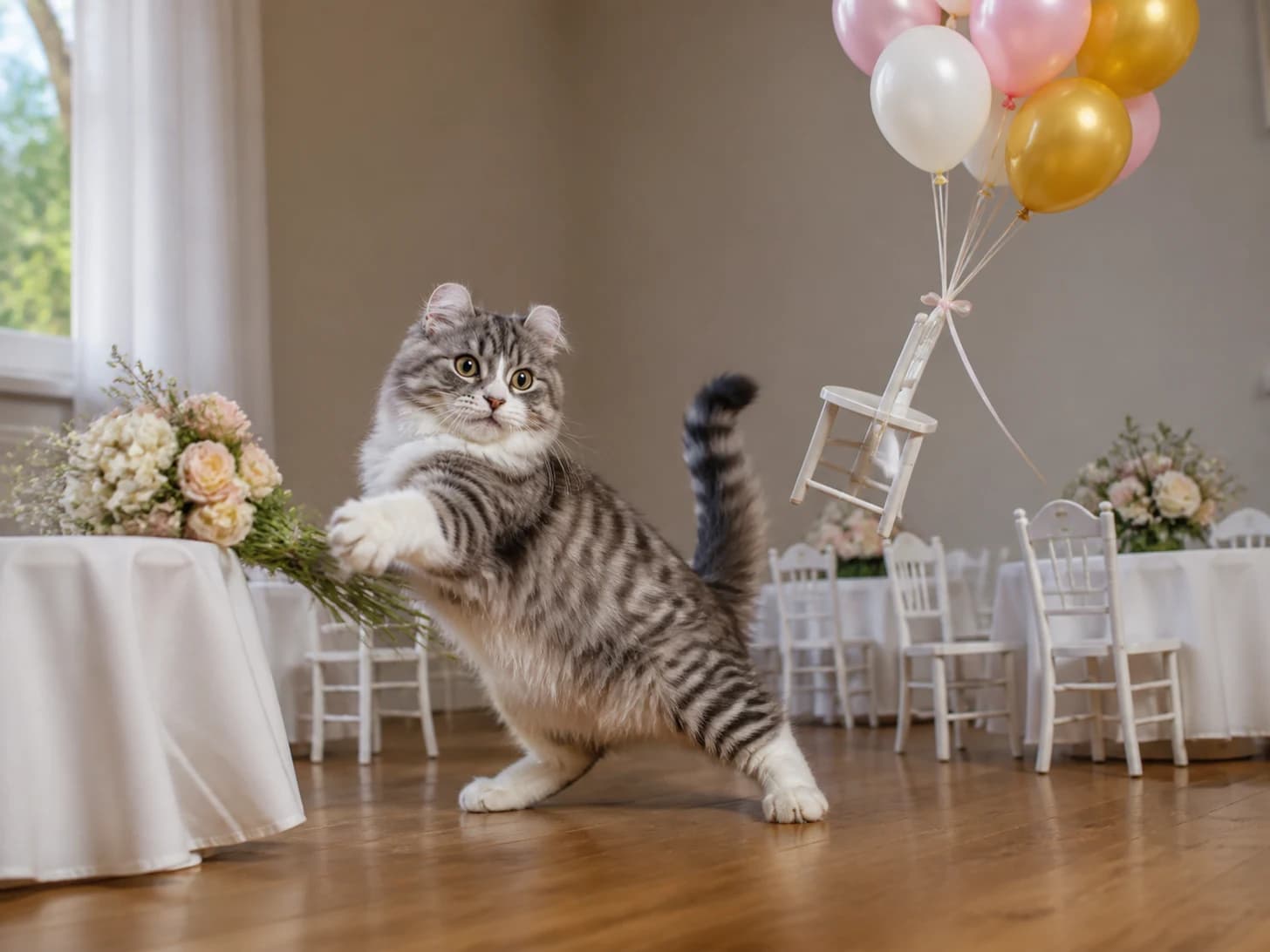 Muffin IV was promoted to wedding planner facing a runaway bouquet; unfortunately, a balloon bouquet pulls a tiny chair upward.