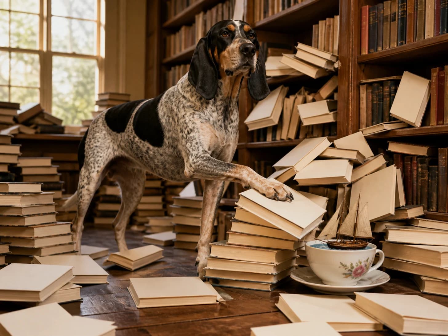 Bluebell III was promoted to librarian managing an avalanche of blank books; unfortunately, a model sailboat becomes stranded in a teacup.