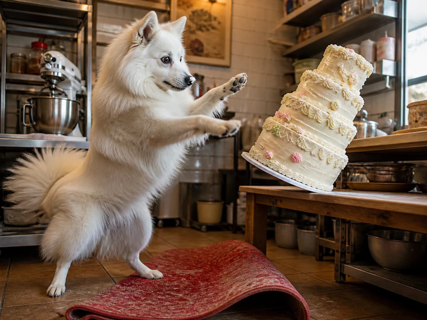 Barley III was promoted to pastry chef confronting a leaning cake; unfortunately, a tiny red carpet refuses to lie flat.