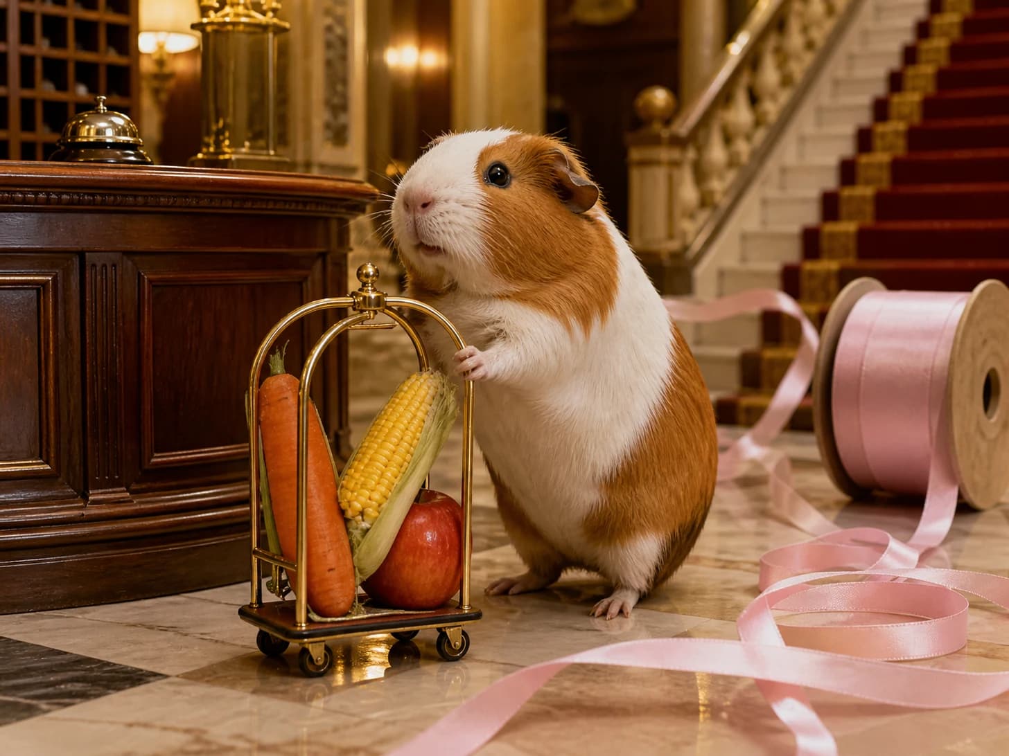 Teasel VIII was promoted to hotel concierge receiving impossible luggage; unfortunately, a ribbon spool rolls across the entire set.