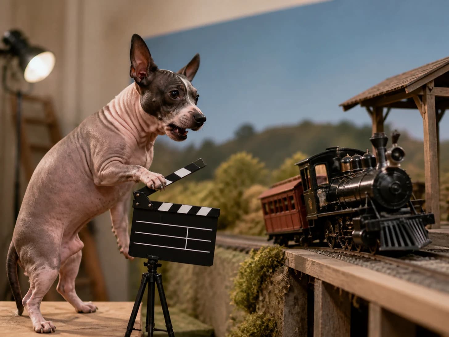 Pepper IV was promoted to film director frustrated with a toy clapperboard; unfortunately, a clockwork train misses the platform.