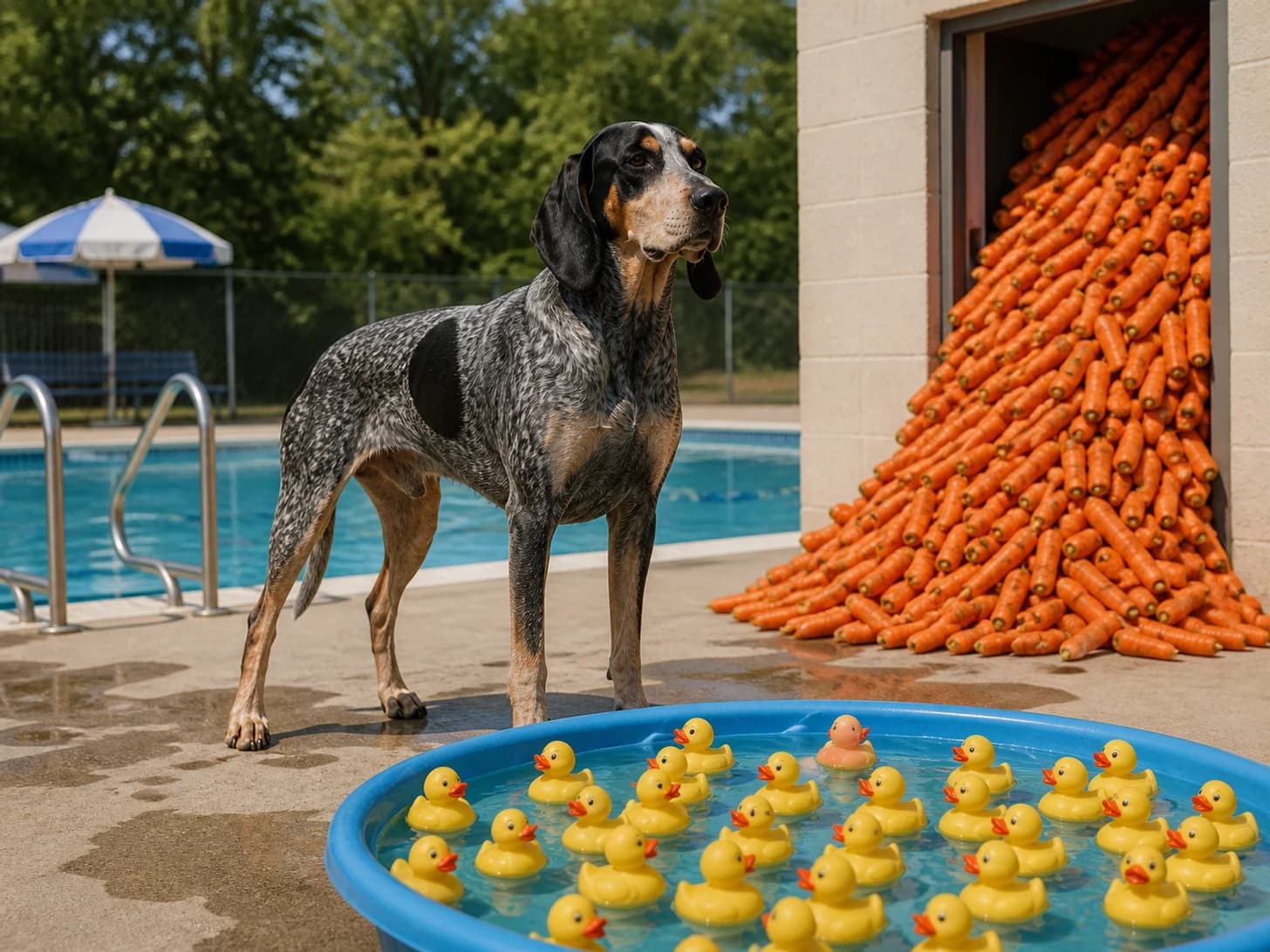 Otter was promoted to lifeguard supervising a paddling pool for rubber ducks; unfortunately, a mountain of carrots blocks the doorway.