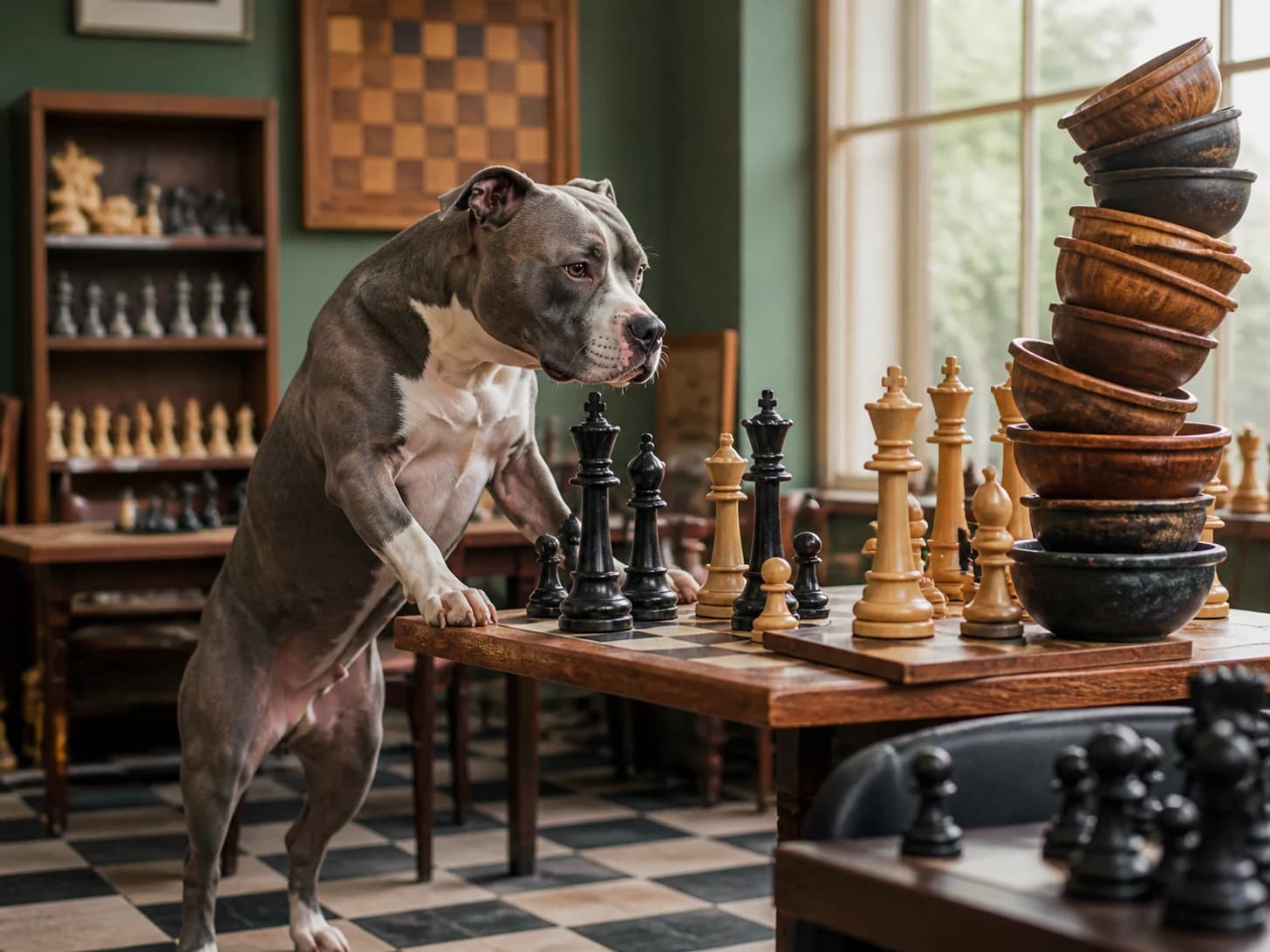 Gherkin II was promoted to chess champion facing pieces taller than itself; unfortunately, a stack of empty bowls wobbles dangerously.