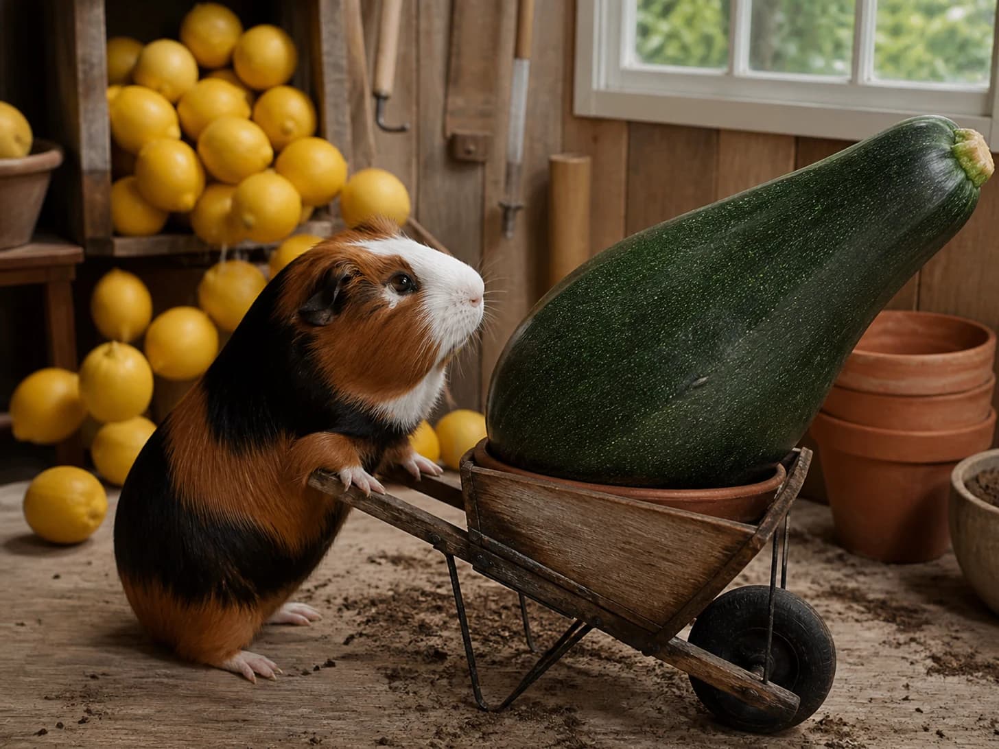 Barnaby IX was promoted to gardener confronting a wheelbarrow full of one enormous vegetable; unfortunately, a tower of lemons begins to collapse.