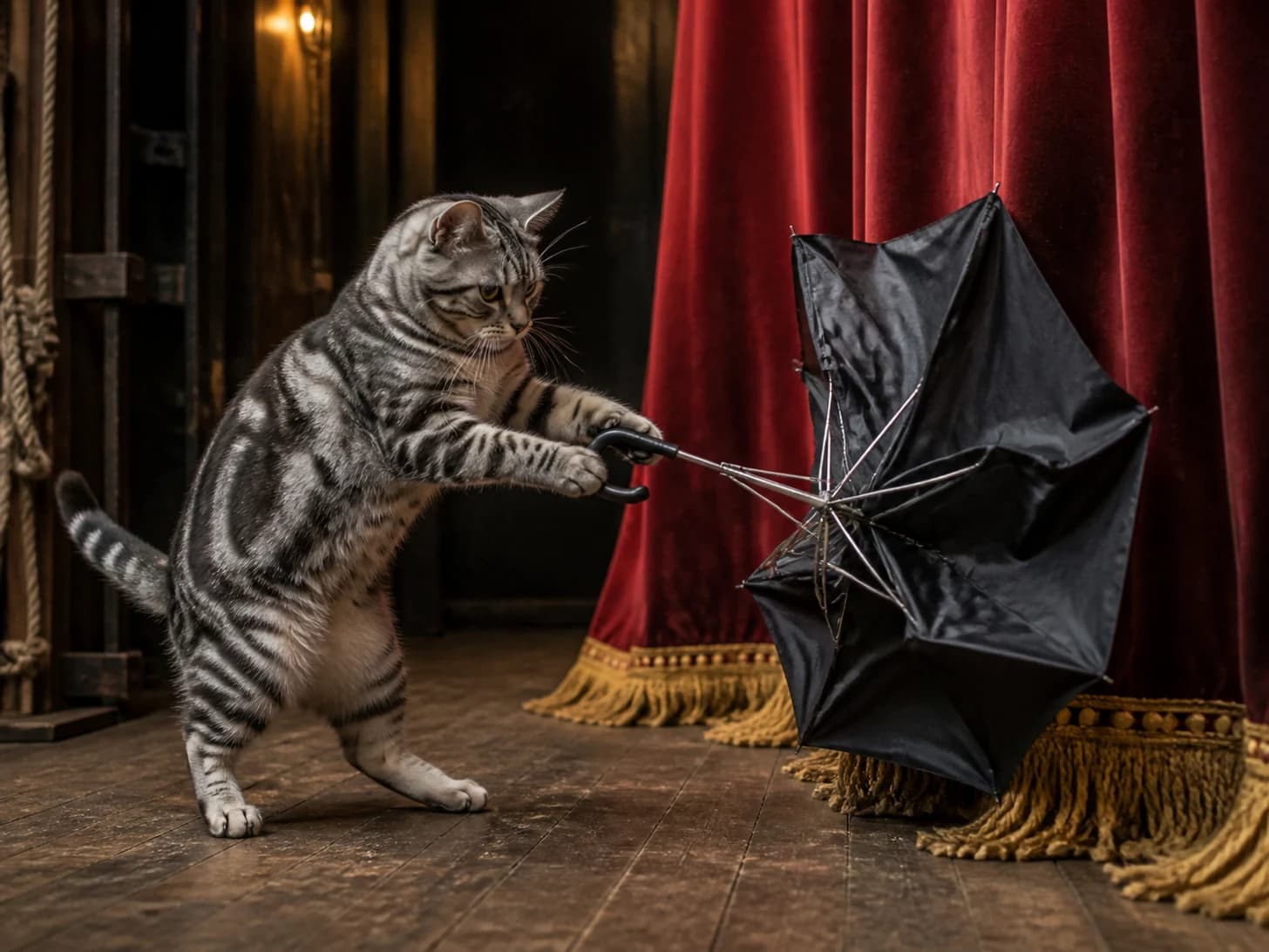Halibut VII was promoted to stage manager during a curtain emergency; unfortunately, a miniature umbrella turns inside out.