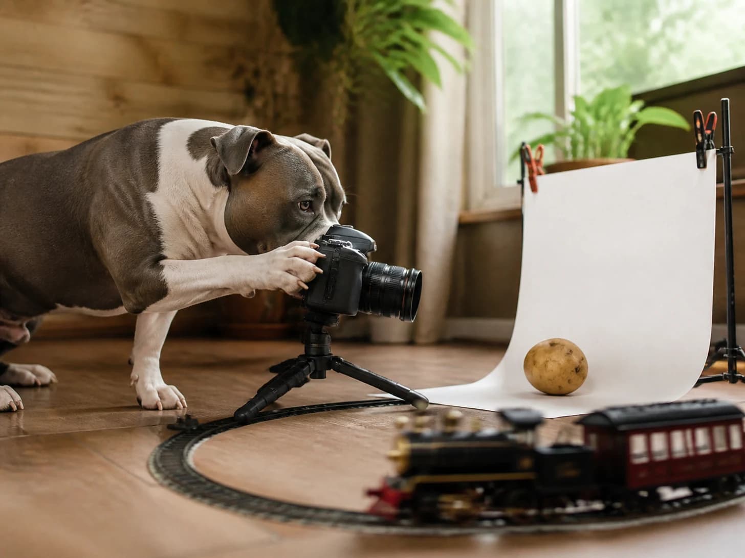 Mistral II was promoted to photographer arranging a portrait of one potato; unfortunately, a clockwork train misses the platform.