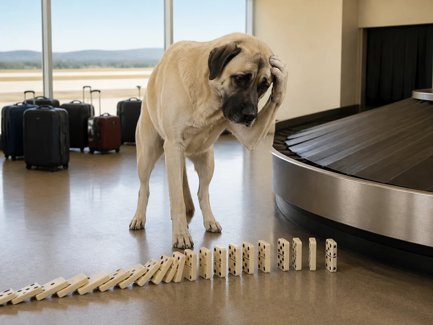 Flint was promoted to overwhelmed airport baggage manager; unfortunately, a domino line stops one piece before the finish.