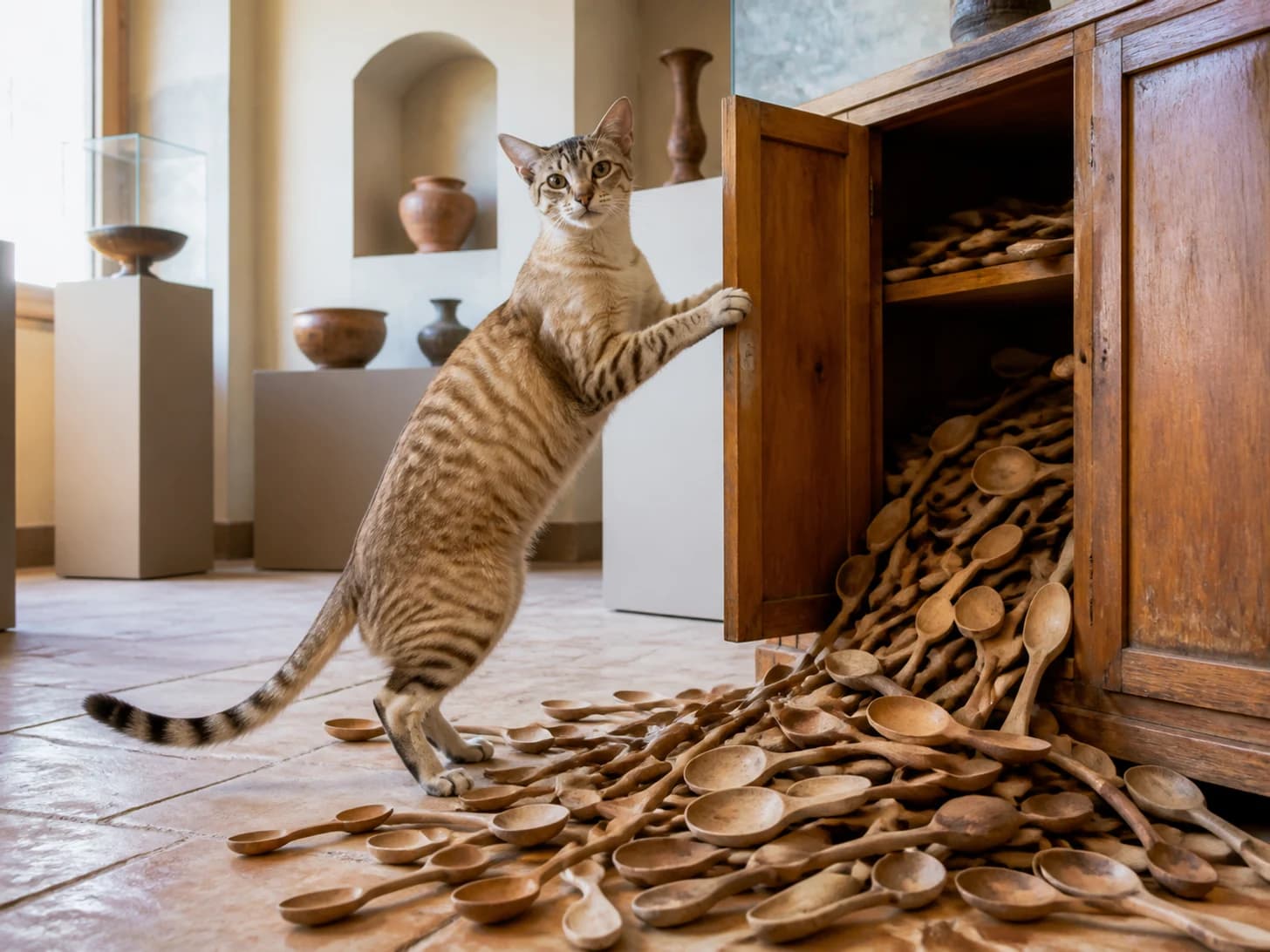 Thistle VI was promoted to meticulous museum curator; unfortunately, a heap of wooden spoons spills from a cupboard.