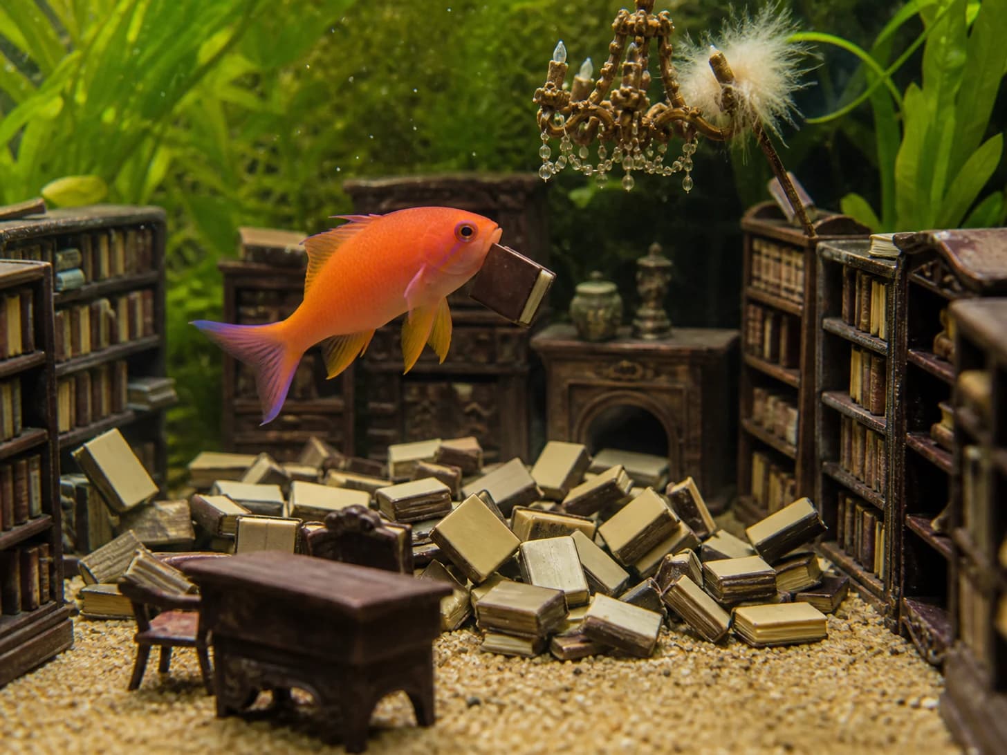 Saffron 11 was promoted to librarian managing an avalanche of blank books; unfortunately, a feather duster gets stuck in a tiny chandelier.
