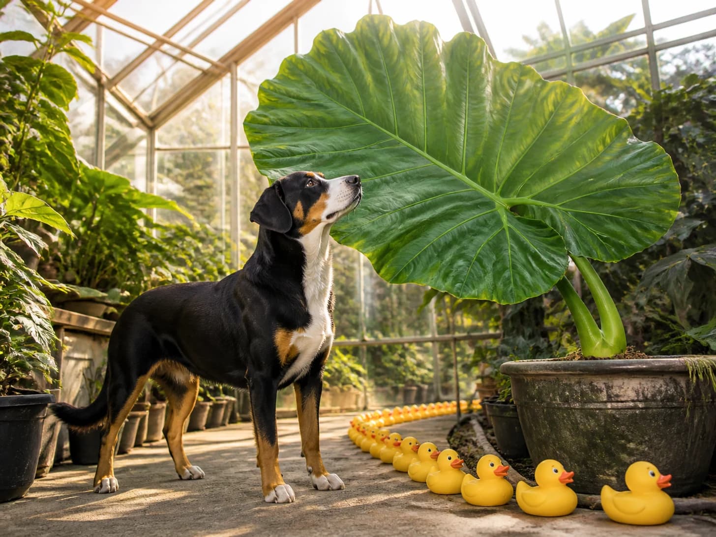 Olive II was promoted to botanist studying an absurdly large houseplant; unfortunately, a parade of rubber ducks heads the wrong way.