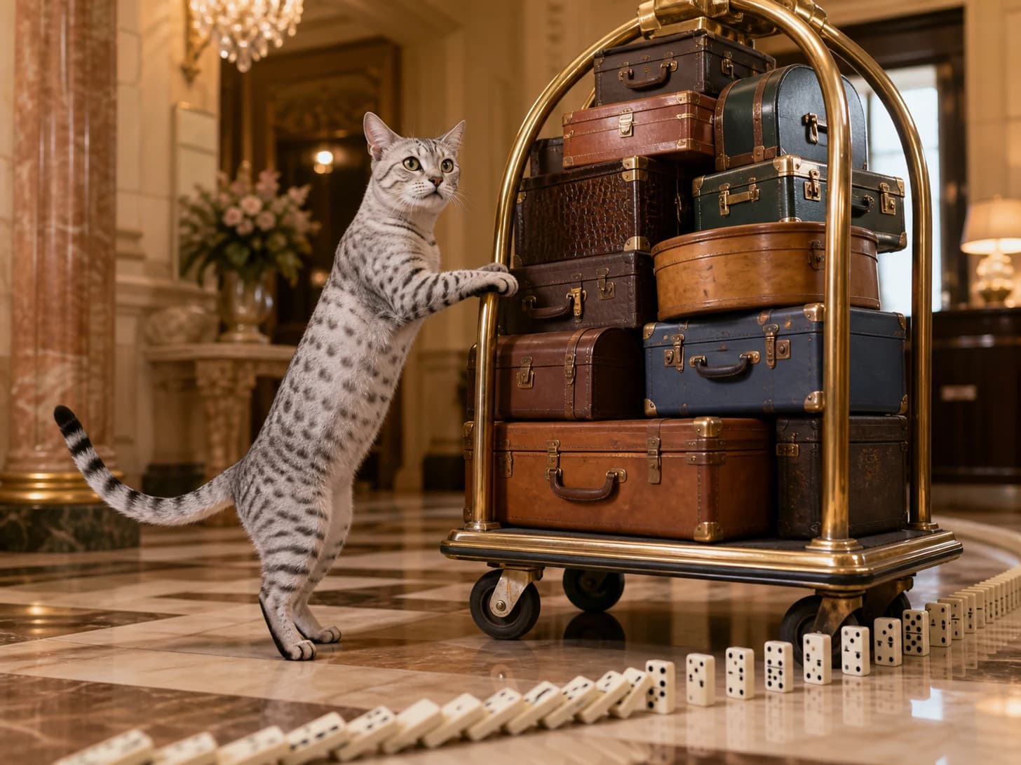 Kasha VII was promoted to hotel concierge receiving impossible luggage; unfortunately, a domino line stops one piece before the finish.