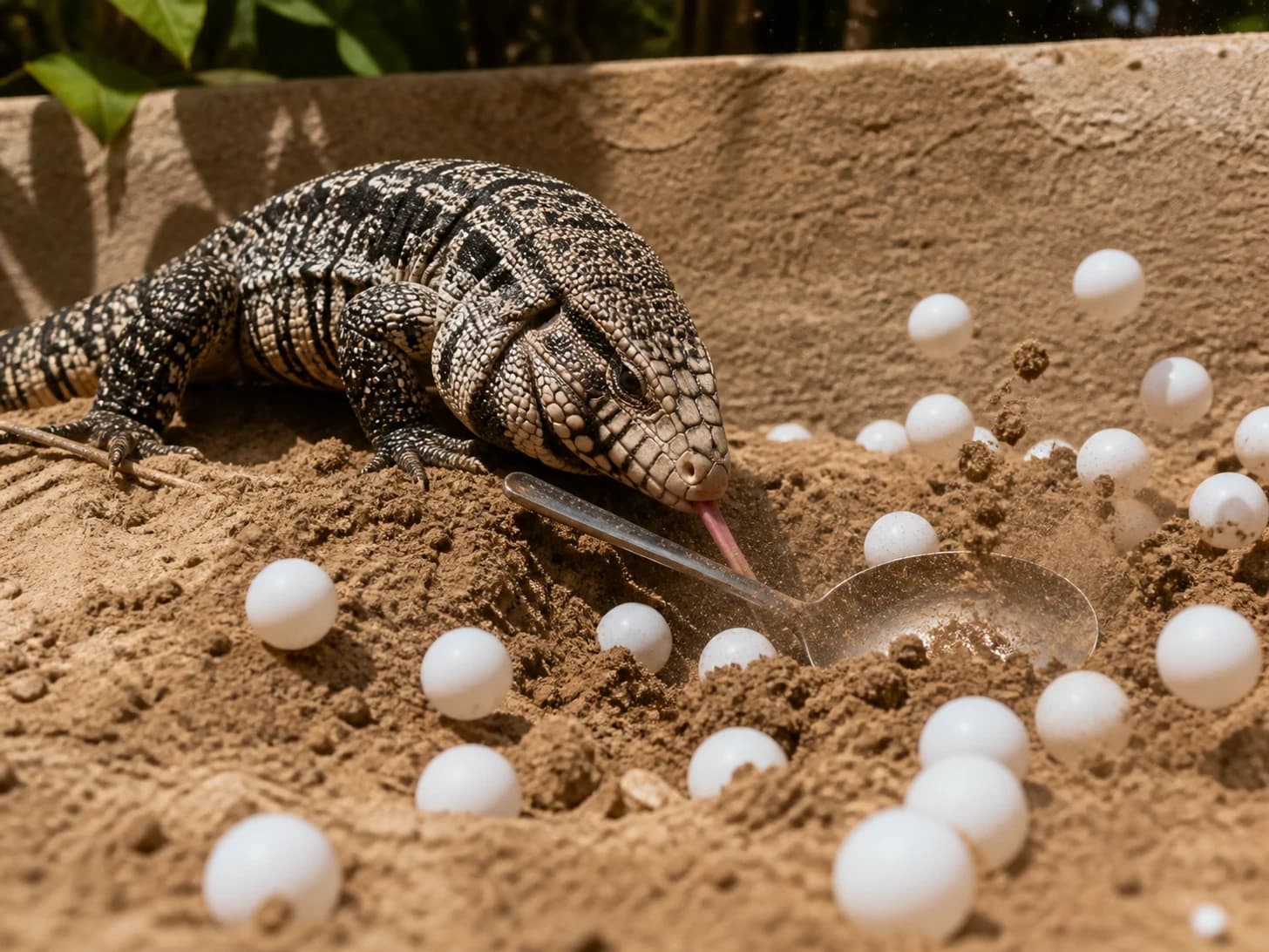 Apricot V was promoted to archaeologist uncovering a giant spoon; unfortunately, dozens of ping-pong balls escape at once.