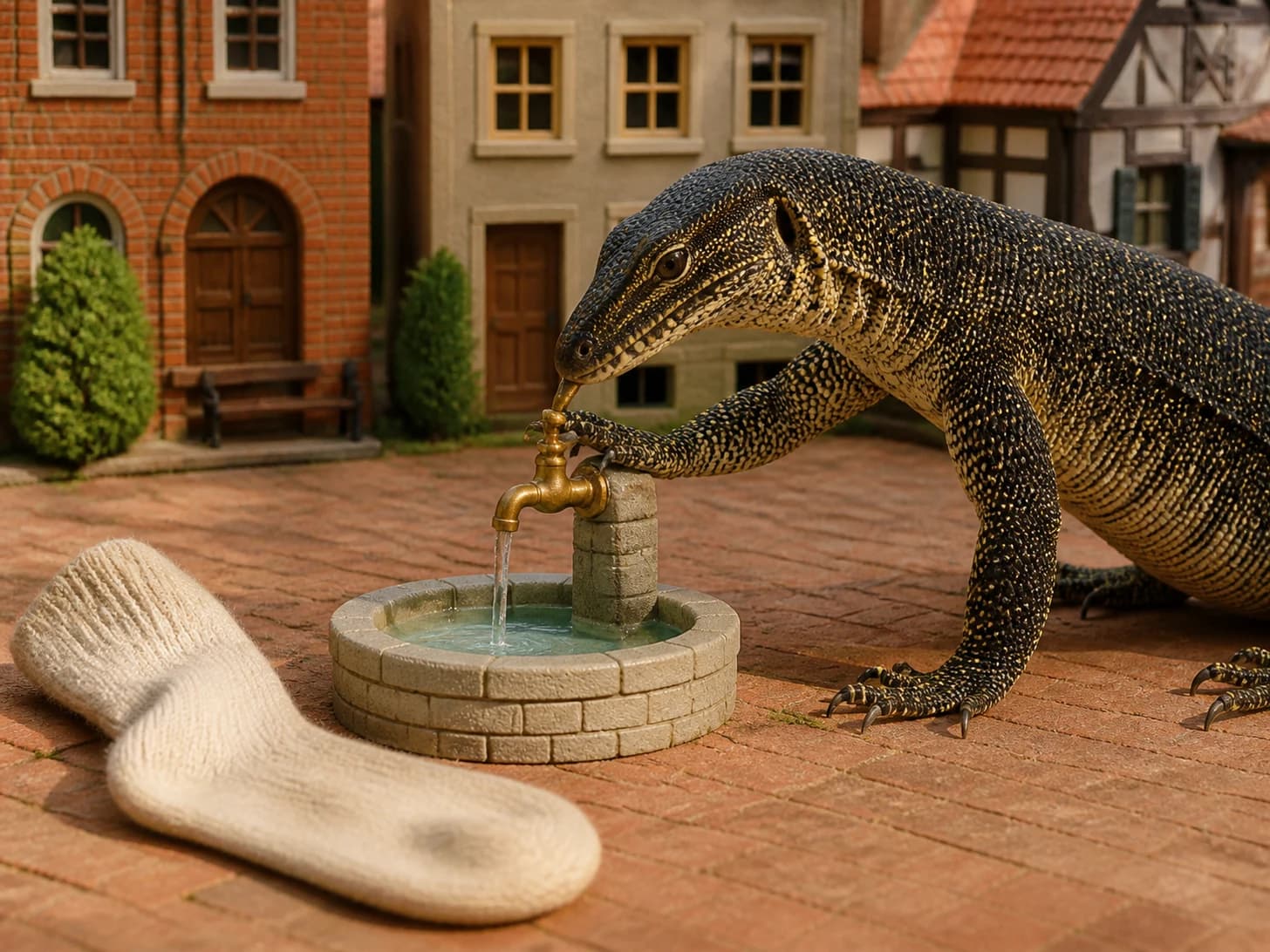 Ginger VI was promoted to mayor opening a very small fountain; unfortunately, a single enormous sock appears without explanation.