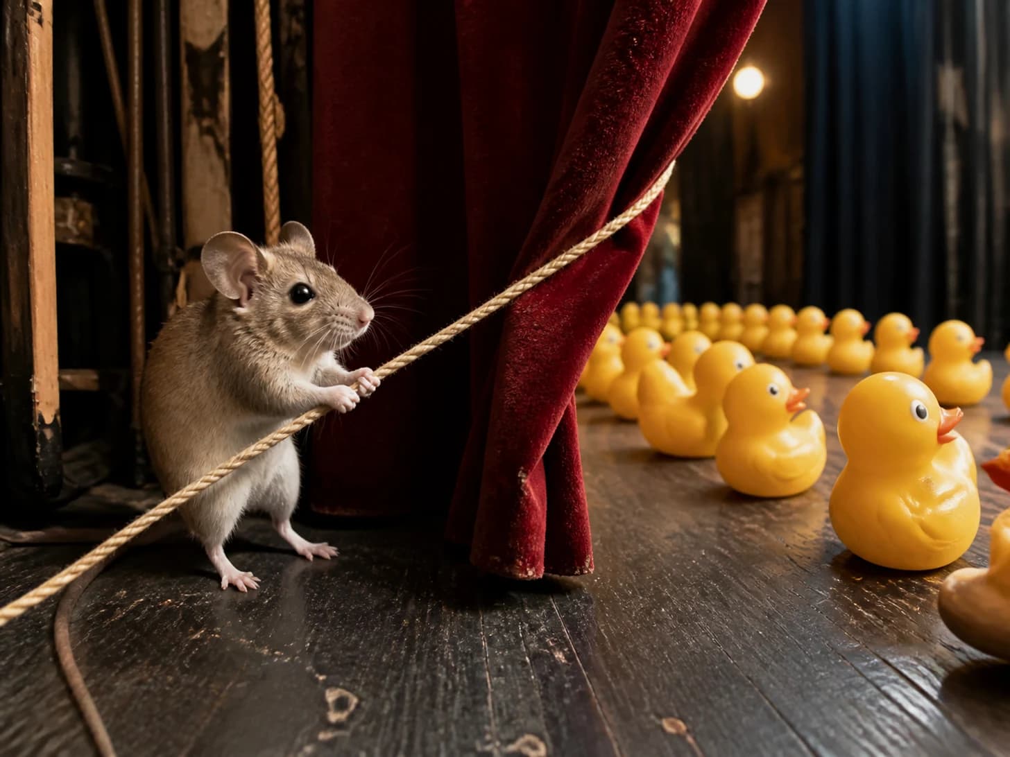 Pudding VIII was promoted to stage manager during a curtain emergency; unfortunately, a parade of rubber ducks heads the wrong way.