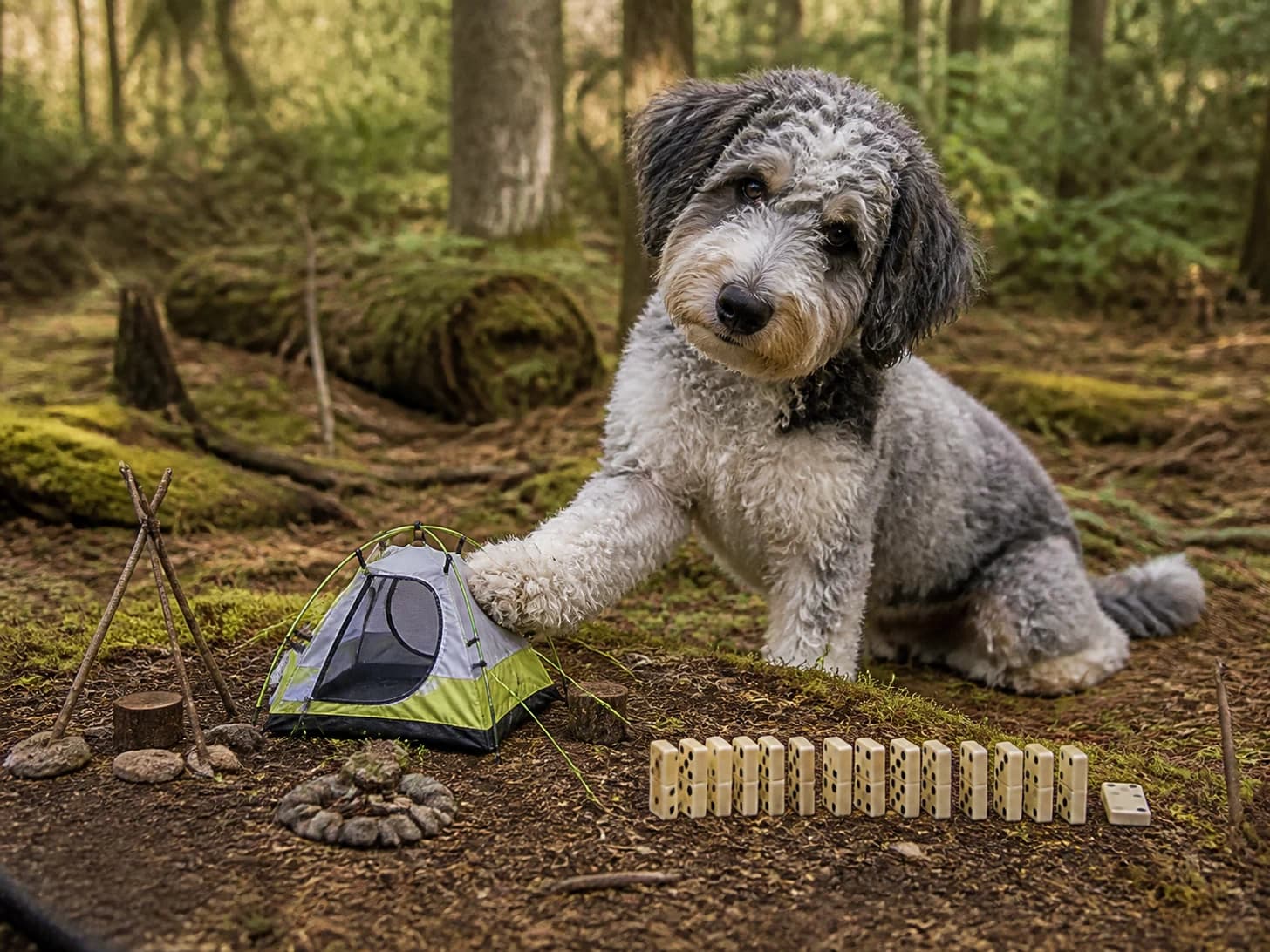 Mochi III was promoted to camping guide assembling a tent much too small; unfortunately, a domino line stops one piece before the finish.