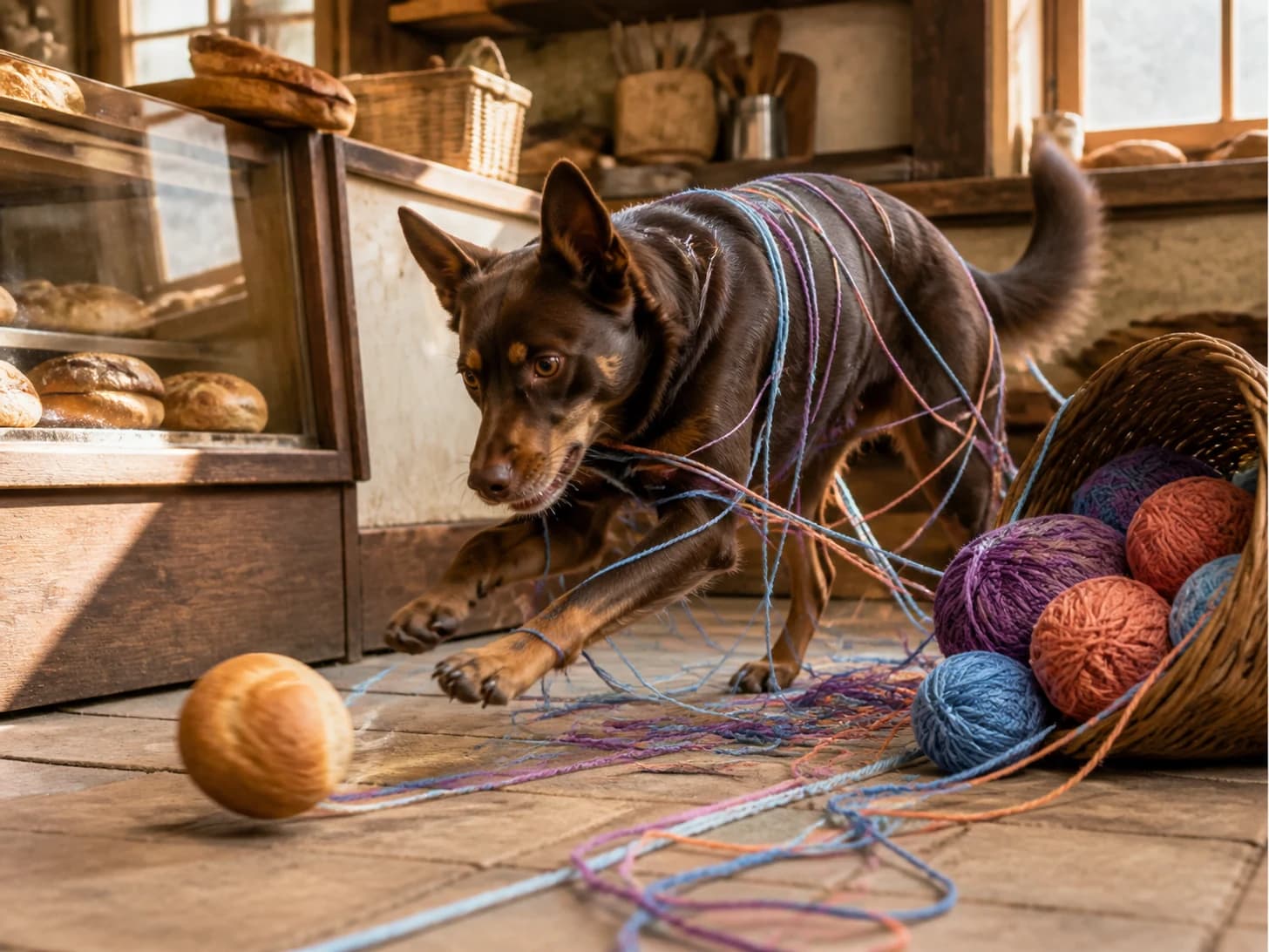 Nutmeg III was promoted to baker guarding a runaway bread roll; unfortunately, a basket of yarn unravels around everything.