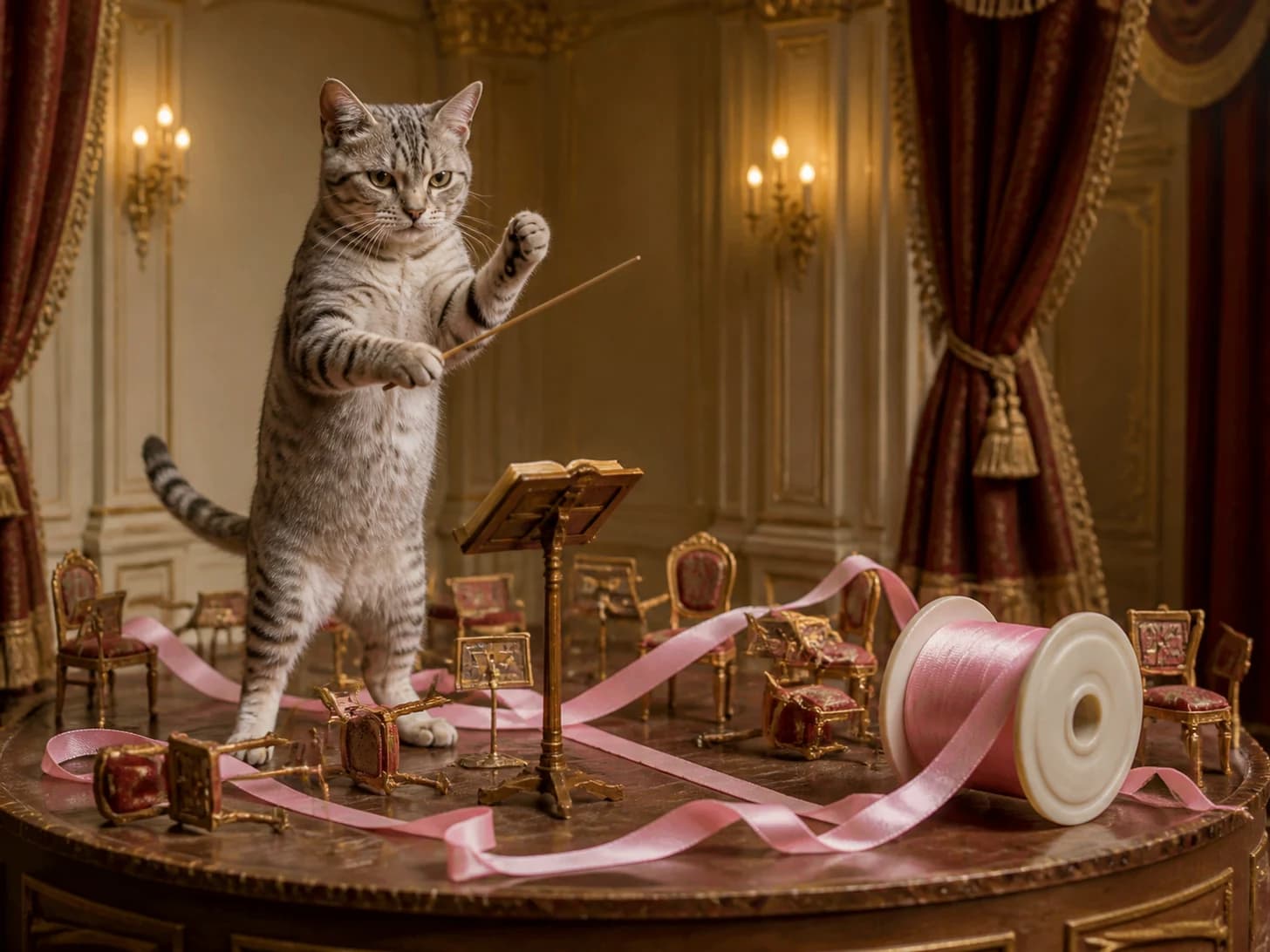 Dandelion IV was promoted to stern orchestra conductor; unfortunately, a ribbon spool rolls across the entire set.