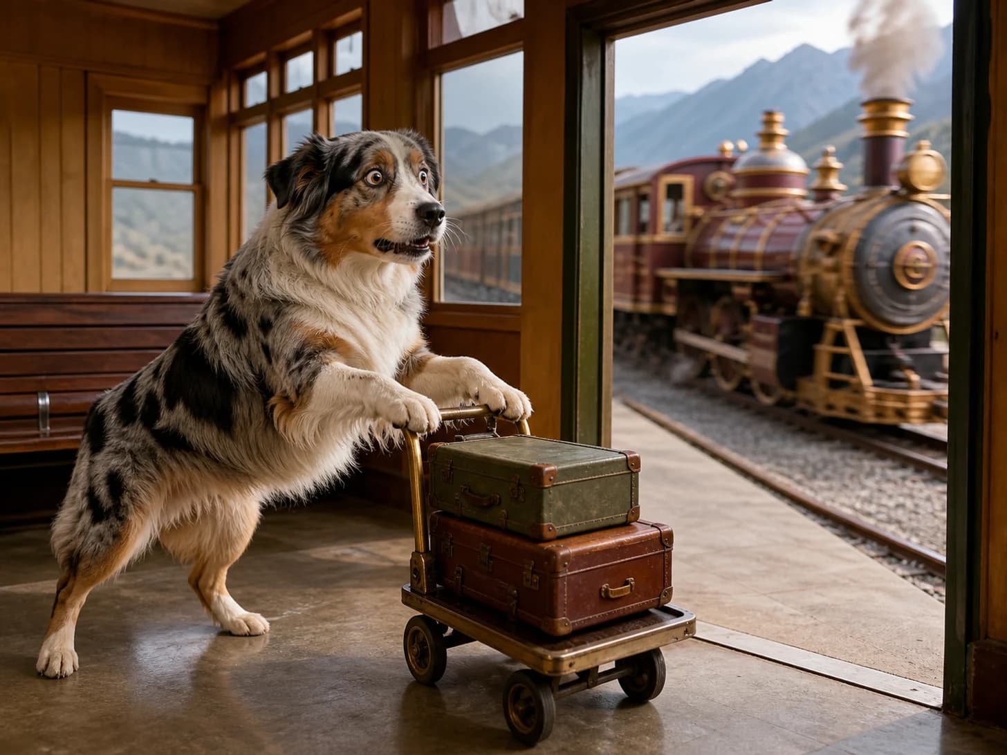 Mochi IV was promoted to overwhelmed airport baggage manager; unfortunately, a clockwork train misses the platform.