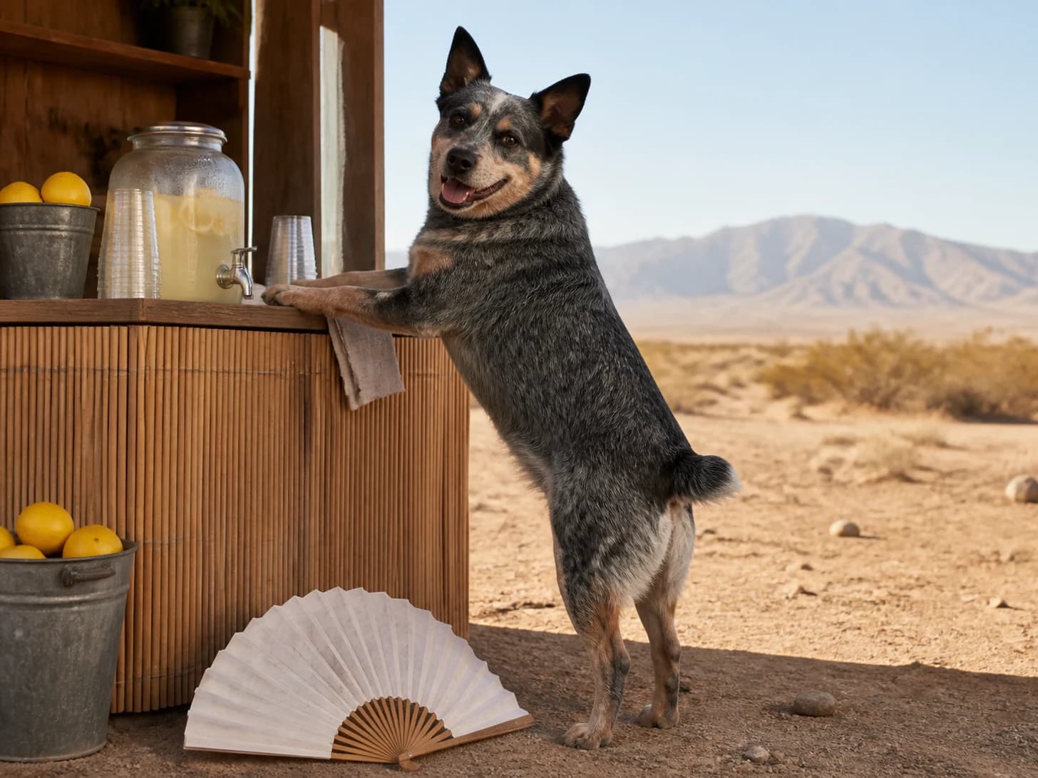 Rhubarb was promoted to ambitious roadside lemonade vendor; unfortunately, a paper fan unfolds across the floor.