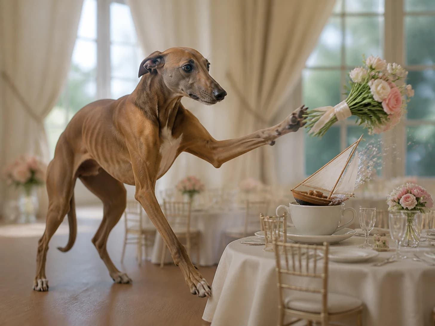 Onyx IV was promoted to wedding planner facing a runaway bouquet; unfortunately, a model sailboat becomes stranded in a teacup.