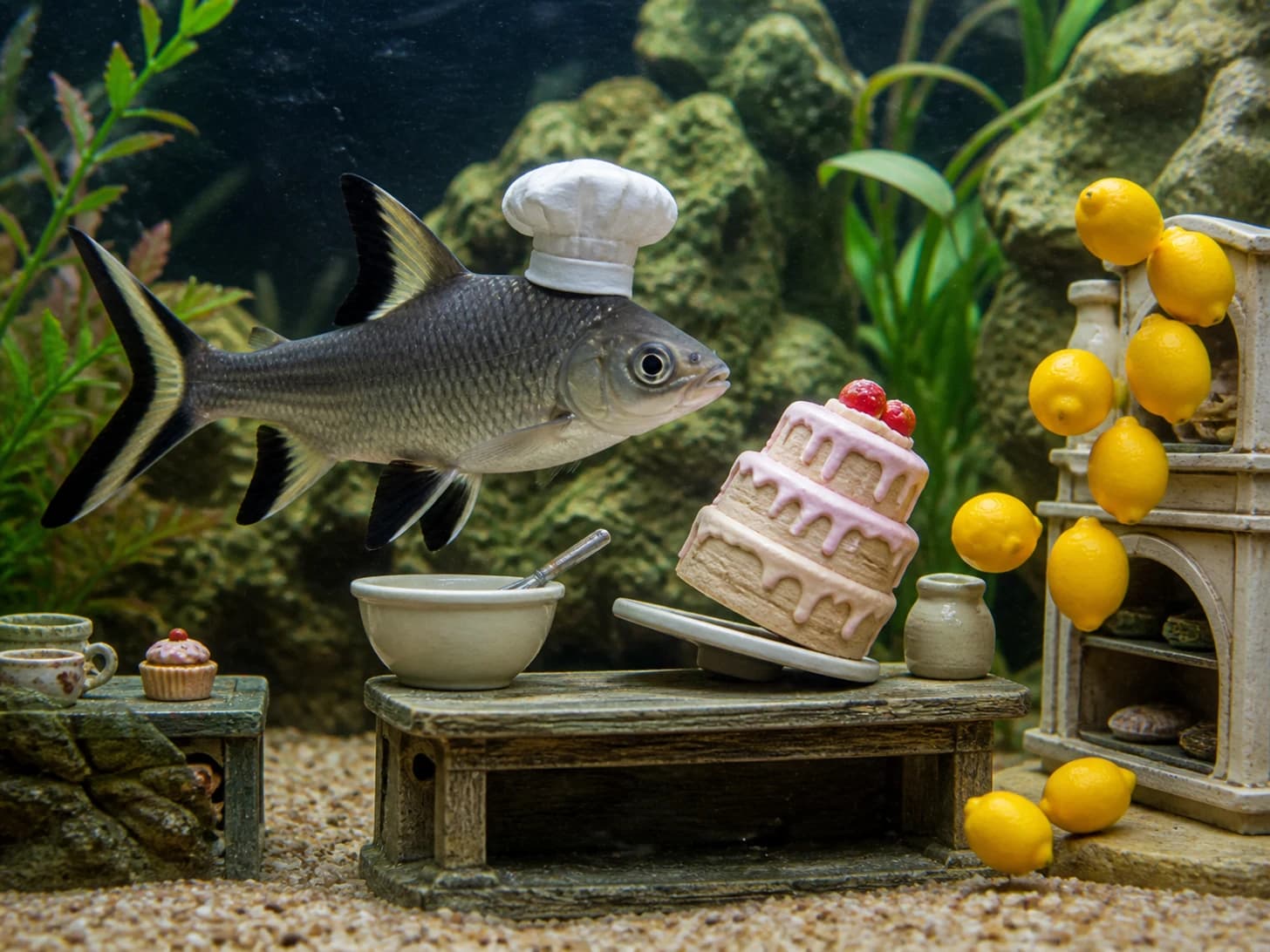Radish IX was promoted to pastry chef confronting a leaning cake; unfortunately, a tower of lemons begins to collapse.
