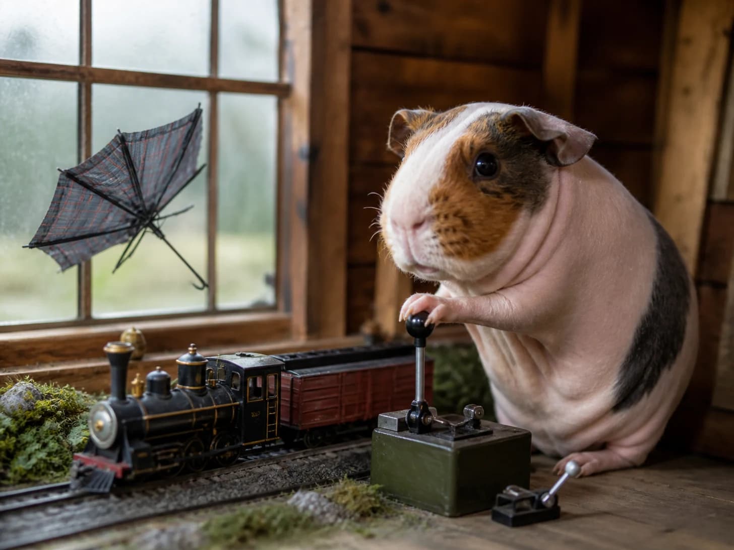 Custard 14 was promoted to train dispatcher handling one tiny late train; unfortunately, a miniature umbrella turns inside out.