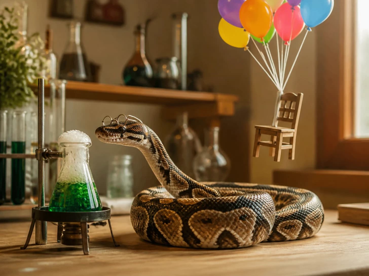 Marlowe was promoted to scientist monitoring a bubbling but harmless experiment; unfortunately, a balloon bouquet pulls a tiny chair upward.