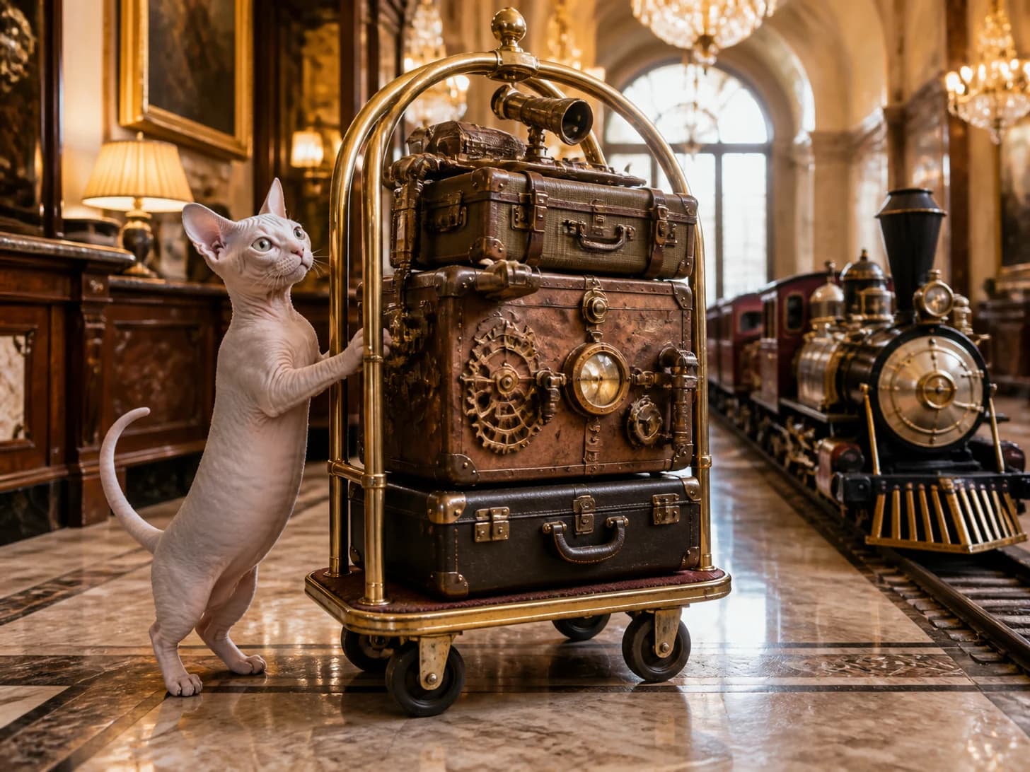 Olive V was promoted to hotel concierge receiving impossible luggage; unfortunately, a clockwork train misses the platform.