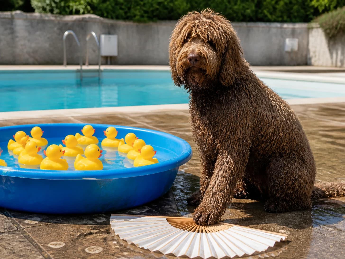 Domino III was promoted to lifeguard supervising a paddling pool for rubber ducks; unfortunately, a paper fan unfolds across the floor.